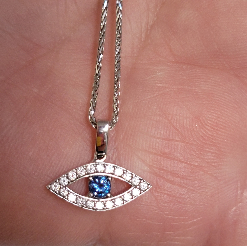 14k Solid White Gold Evil Eye Pendant With Clear & Blue Accents.